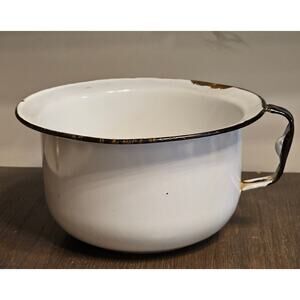 Primitive Antique Porcelain Enamelware Chamber Pot White with Black Rim & Handle